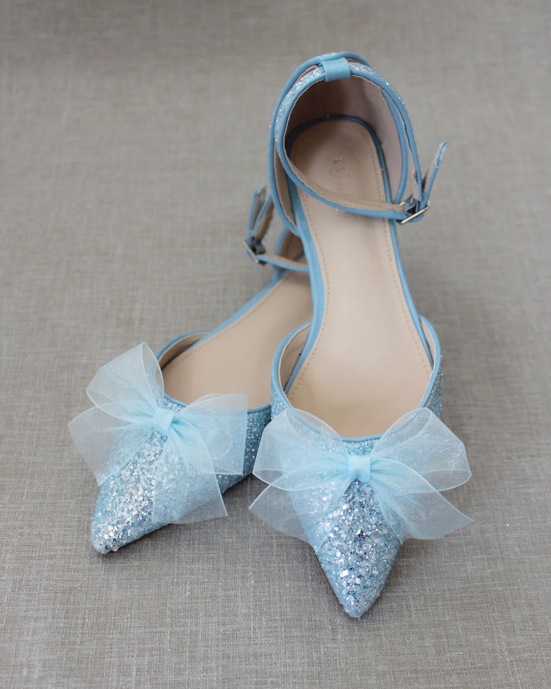 Light Blue Rock Glitter Pointy Toe Flats With Ankle Strap & Organza Bow, Wedding Shoes, Bridesmai... | Etsy (US)
