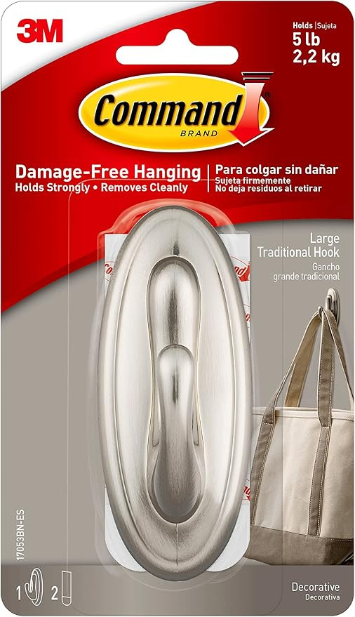Command Large Traditional Plastic Hook, Brushed Nickel, 1-Hook, 2-Strips, Organize Damage-Free | Amazon (US)