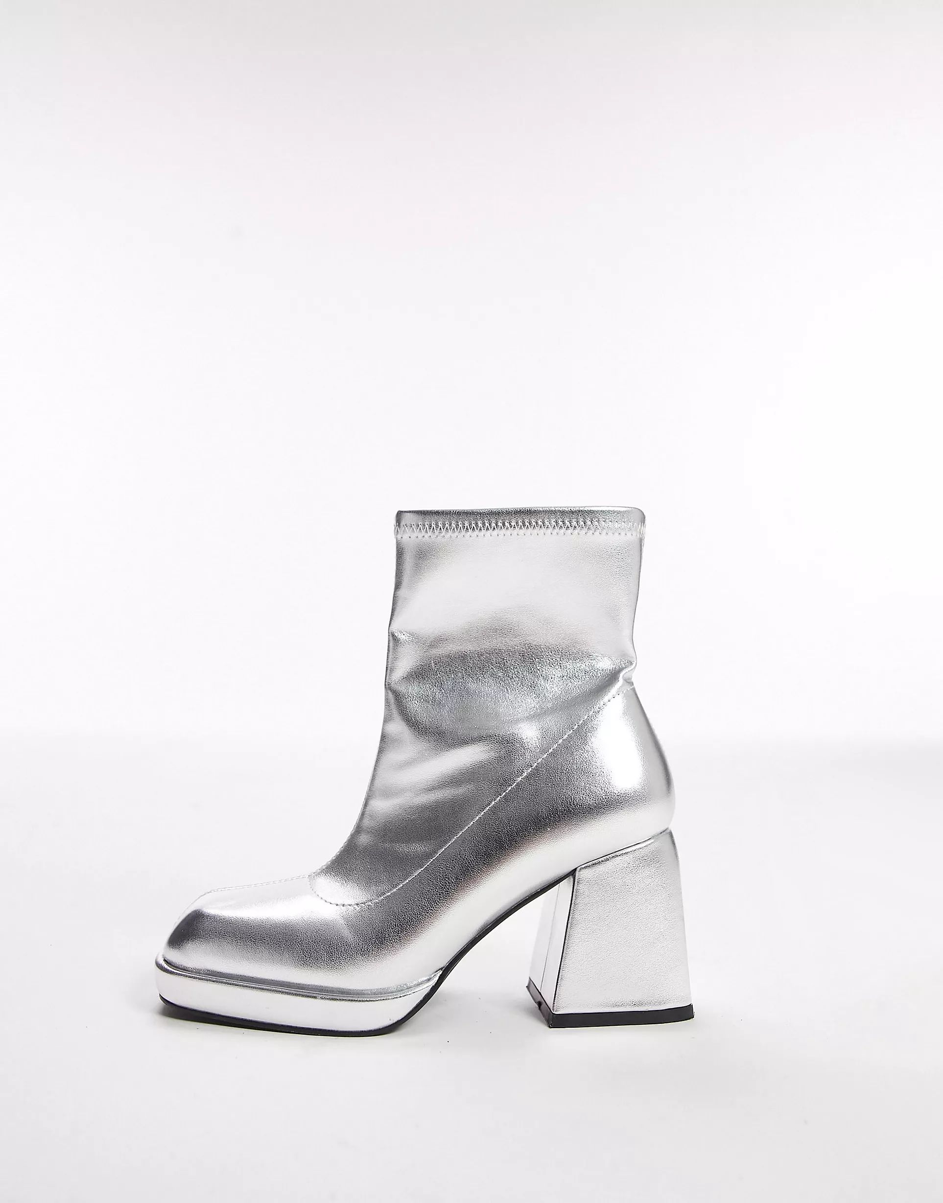 Topshop Wide Fit Tiff block heel ankle boots in silver | ASOS (Global)