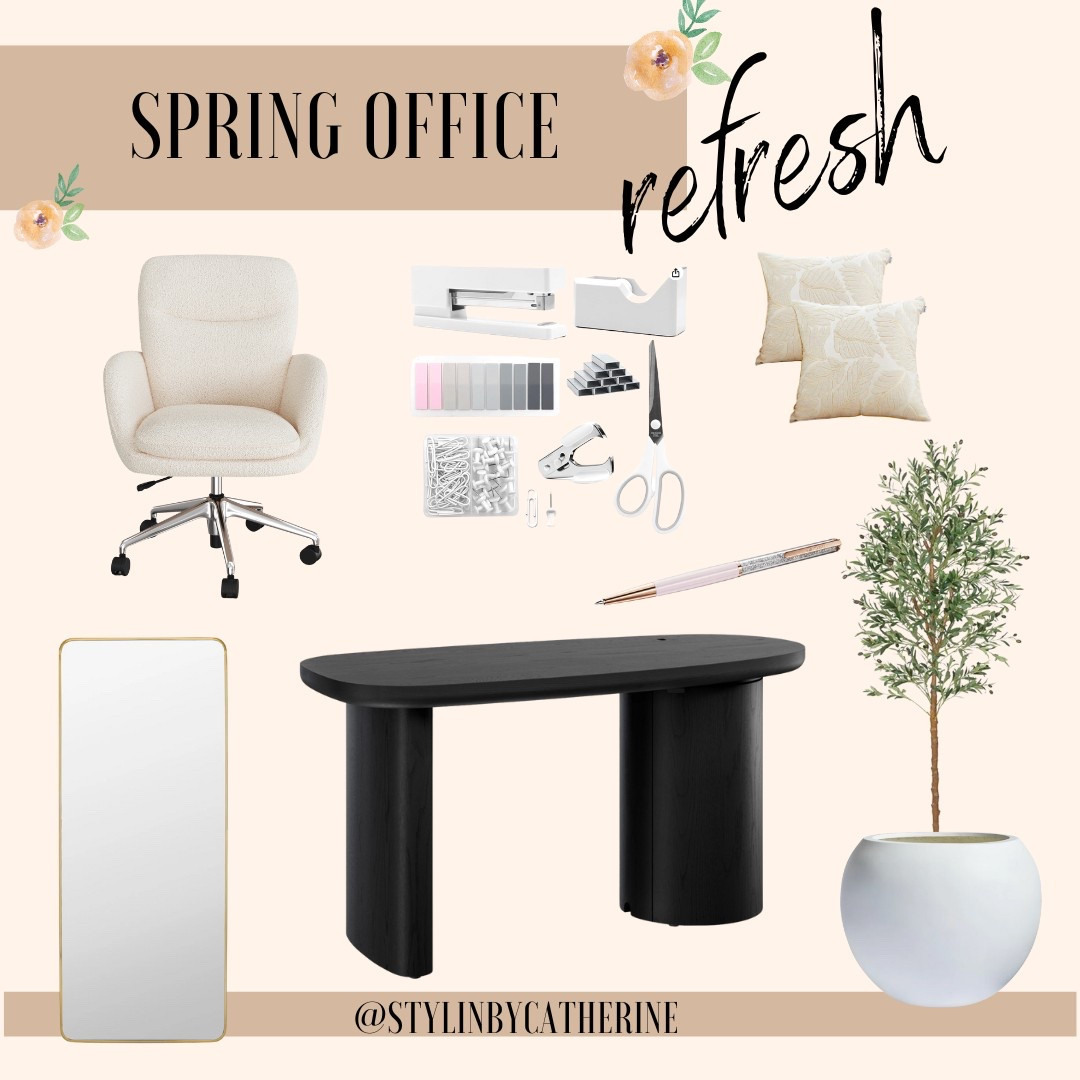Office refresh. Spring office refresh. Office chair. Boucle office chair. Ivory boucle office chair. Olive tree. Black office desk. 

#LTKstyletip #LTKcanada
