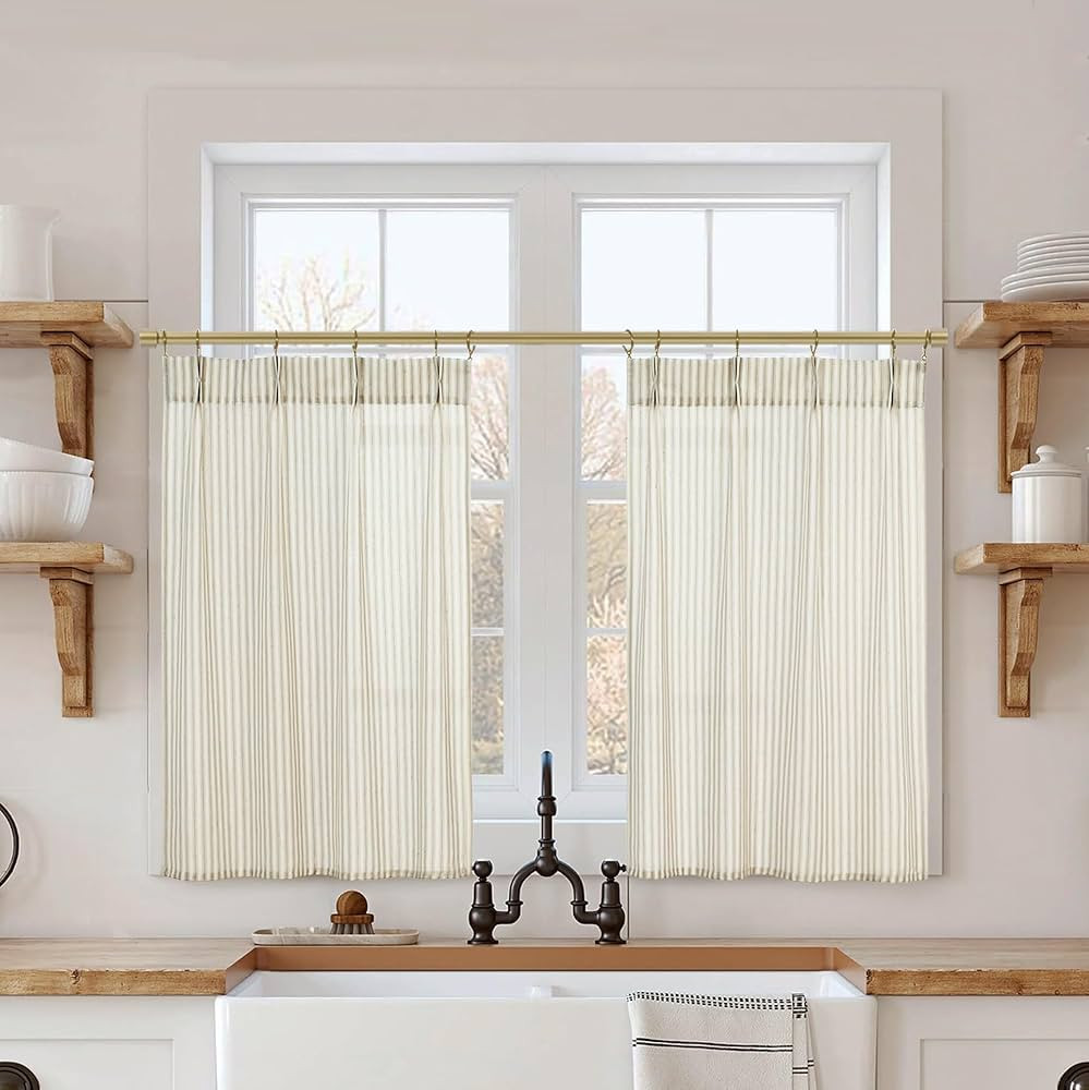 Kitchen Window Curtains Over Sink 24 Inch Length Sets,Rustic Country Pinch Pleated Linen Cafe Sma... | Amazon (US)