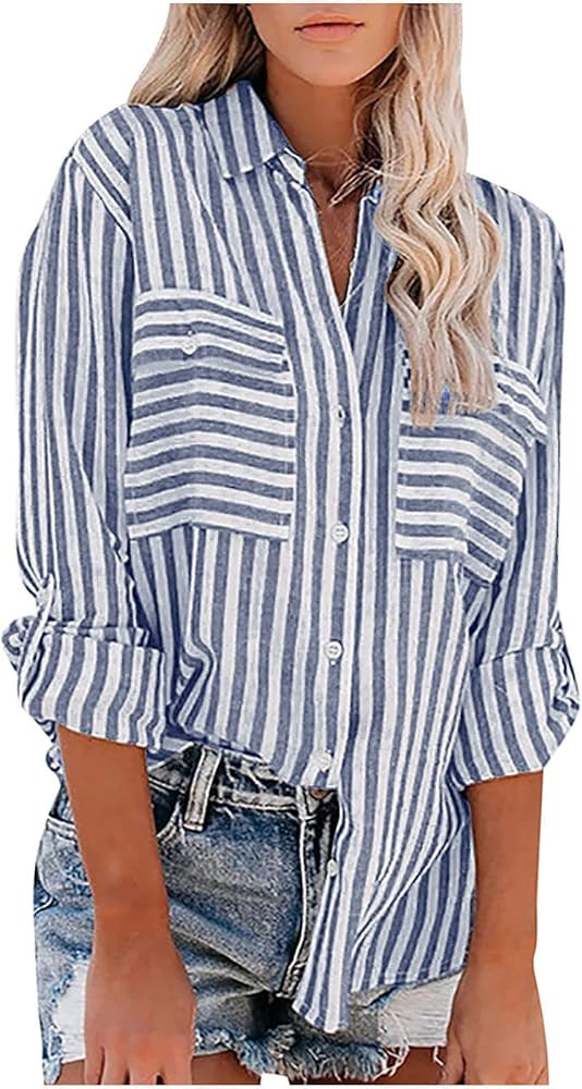 Women's Striped Button Up Blouse Trendy Business Tops Dressy Soft Cotton Linen Tops Casual Long S... | Amazon (US)