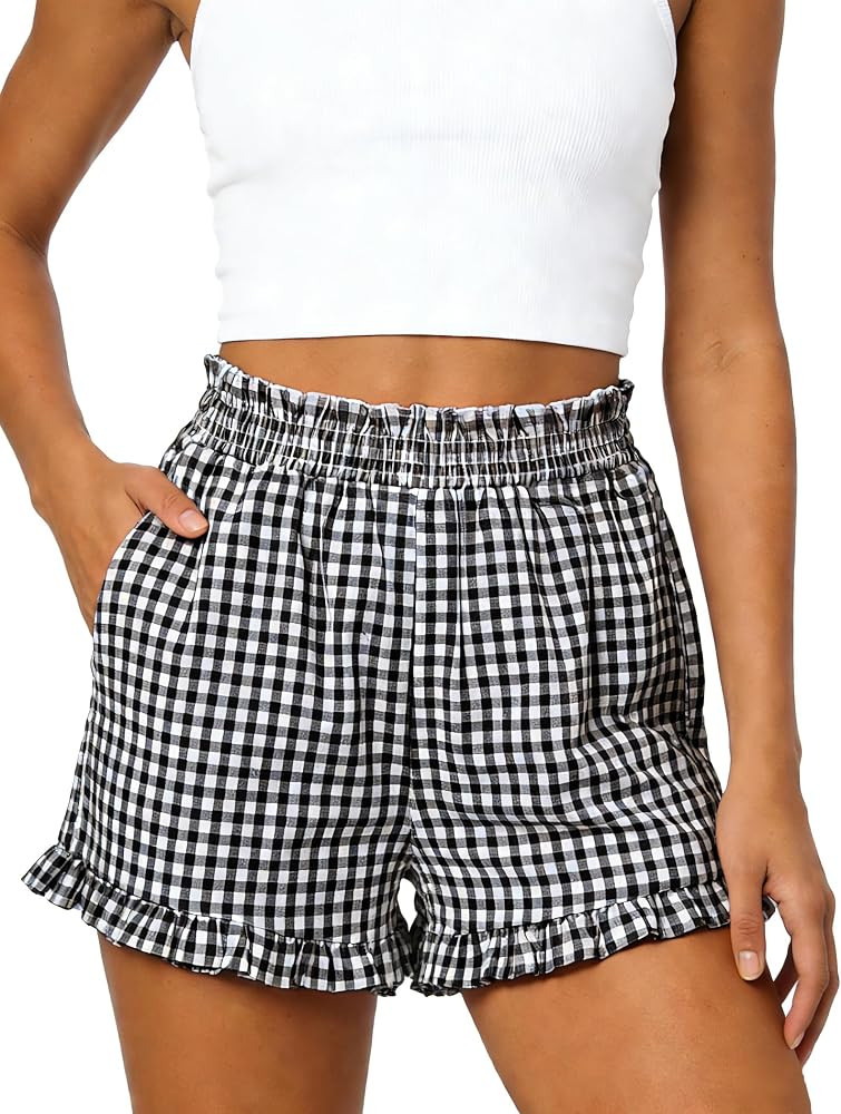 Womens Ruffle Boxer Shorts Gingham Pajama Shorts with Pockets Lounge Sleep Shorts Summer Causal O... | Amazon (US)