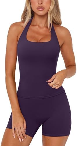 SUUKSESS Women 2 Piece Workout Sets Halter Neck Yoga Tops Gym Biker Shorts | Amazon (US)