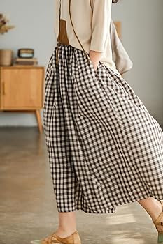 chouyatou Women's Cotton Linen Pants Elastic Waist Plaid Gingham Wide Leg Capri Palazzo Pants | Amazon (US)