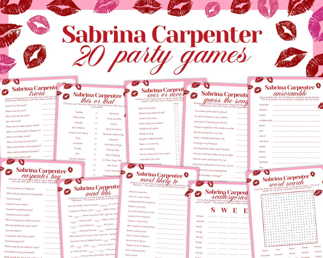 Sabrina Carpenter Themed Short N Sweet Pink Red 20 Party Digital Games Bundle Fun Interactive Bir... | Etsy (US)