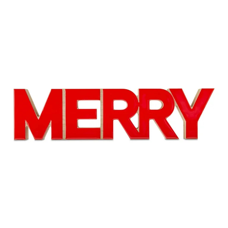 Wood Merry Tabletop Christmas Decoration, Red, 4" x 15.75", by Holiday Time | Walmart (US)