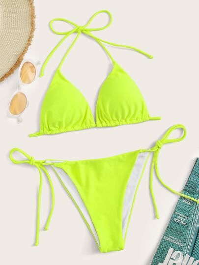 Neon Lime Triangle Top With Tie Side Tanga Bikini | SHEIN