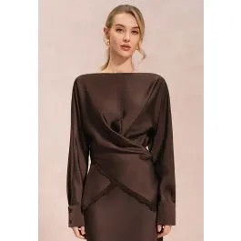 Scalloped Lace-Trim Crisscross Satin Top in Chocolate Brown for Bridal Events & Anniversary Dinne... | Chicwish
