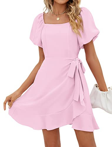 Sampeel Dresses for Women 2026 Tie Waist Short Sleeve Wrap Easter Dress Wedding Guest Pink Spring L | Amazon (US)
