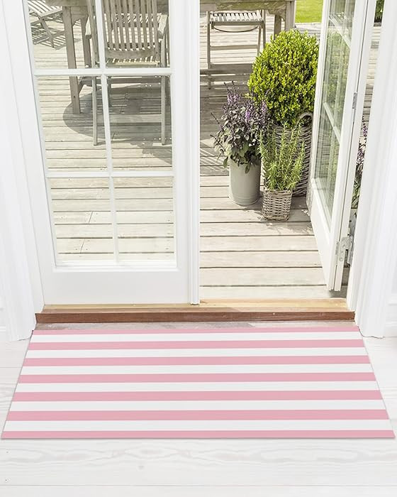 Front Door Mat Pink and White Striped Indoor Outdoor Entrance Doormat Washable Floor Mats for Fro... | Amazon (US)