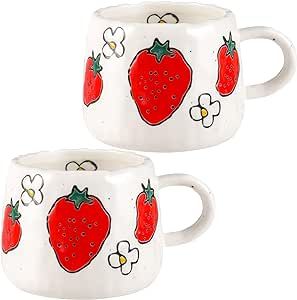 Cute Mug Set of 2, Ceramic Coffee Mugs Strawberry Mug Gift Aesthetic Tea Cups Solid Porcelain Tea... | Amazon (US)