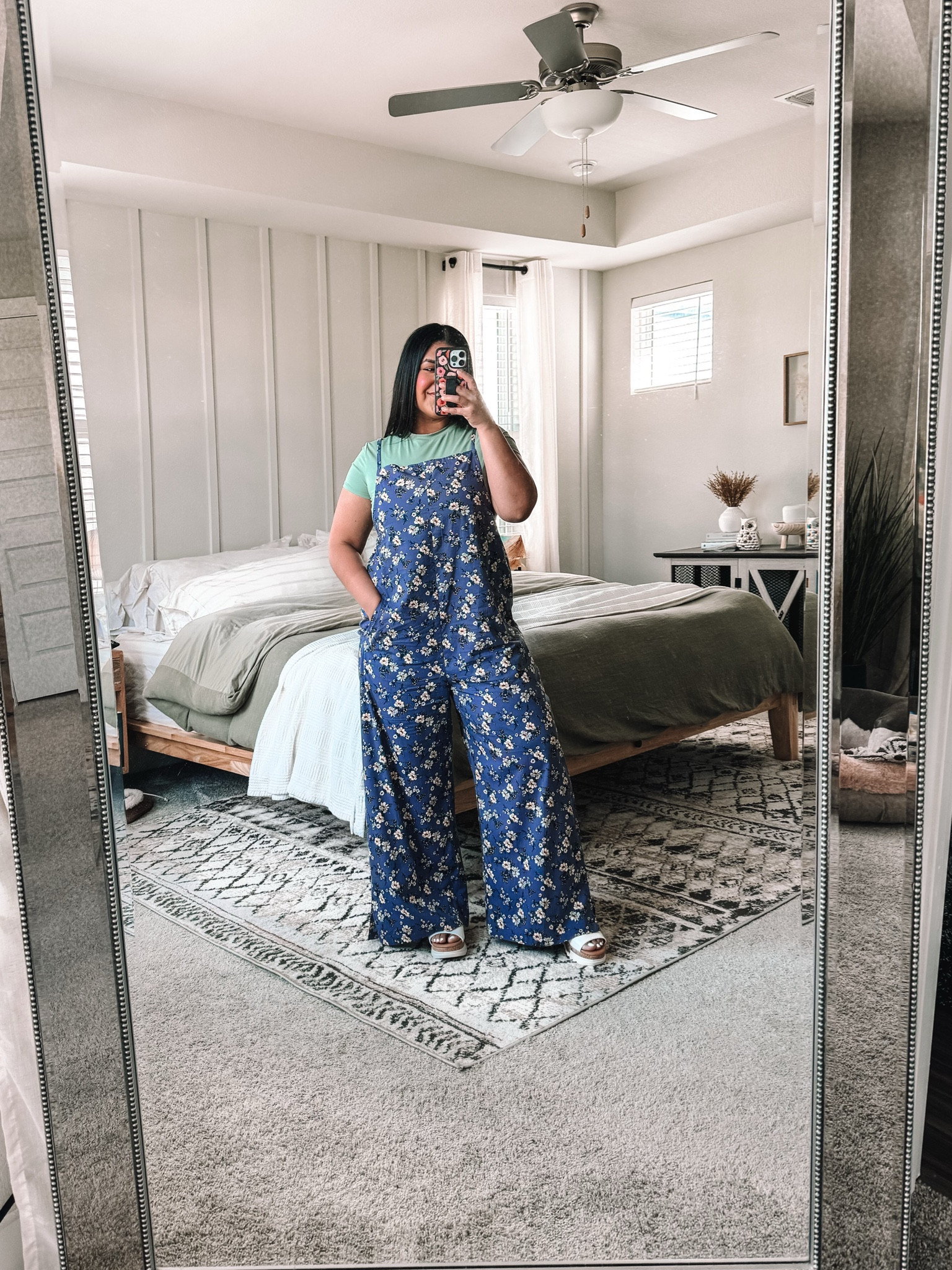 Amazon outfit. I’m 5’1”, size 12.
•Romper: size large, runs a little big but I like the looser fit. If you want it more fitted, size down. I have to wear my platform sandals since I’m short. Shade floral 08. 

•Tee: true to size, wearing a large, color is Sage. 

•platform sandals are true to size, stretchy straps, so comfy!! 