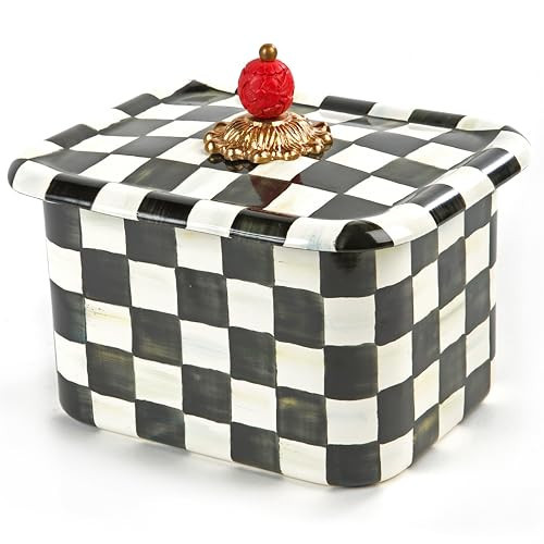 MACKENZIE-CHILDS Enamel Recipe Box, Cute Recipe-Card Box with Lid, Index-Card Holder for Kitchen, Black-and-White Courtly Check | Amazon (US)