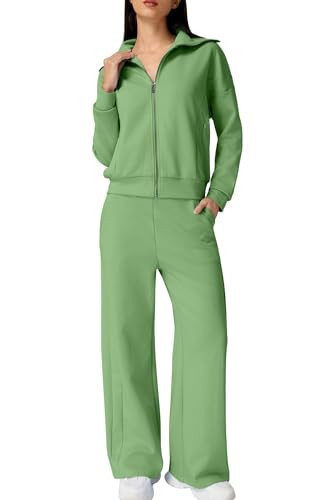 QINSEN Women Cozy 2 Piece Lounge Matching Set Wide Leg Sweatpants Full Zip Sweatshirt with Pocket Outfits Green S | Amazon (US)