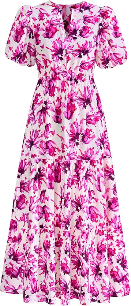 dowerme Womens Summer Dresses 2026 Casual Puff Short Sleeve V Neck Floral Boho Tiered Ruffle Maxi... | Amazon (US)