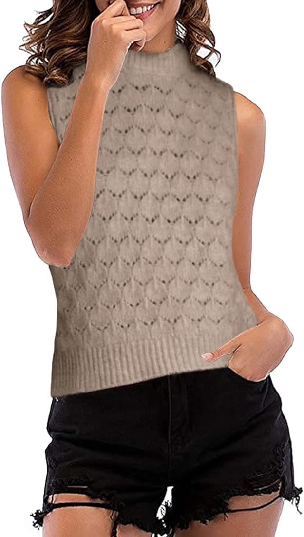 MACNOORA Womens Mock Neck Sweater Tank Top Sleeveless Knit Crochet Vest Summer Pullover Shirt | Amazon (US)