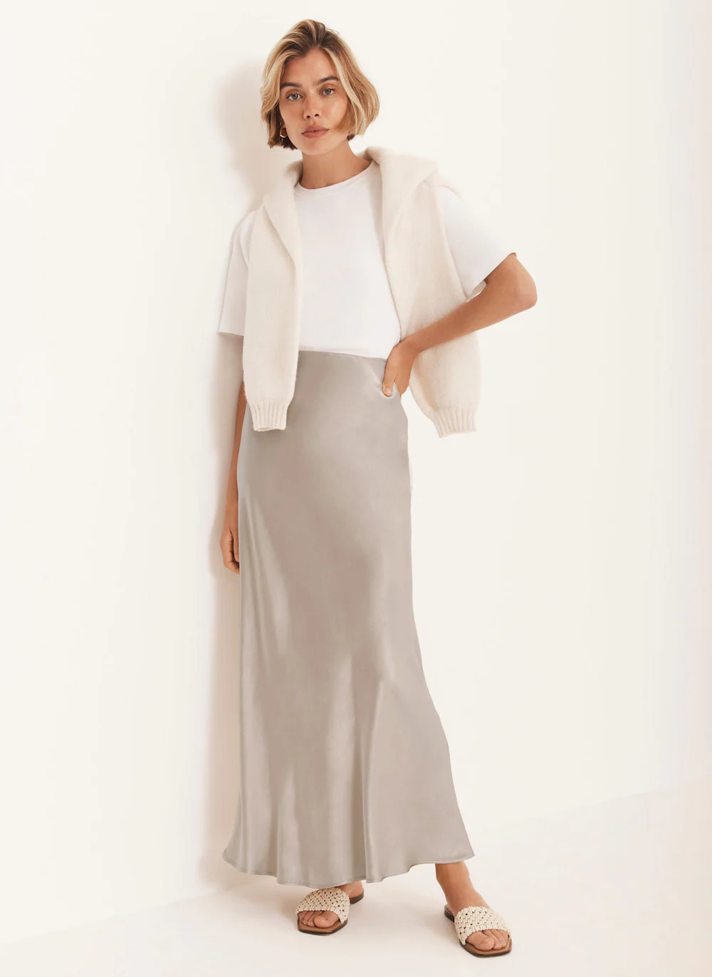 Neutral Satin Slip Midi Skirt | Mint Velvet