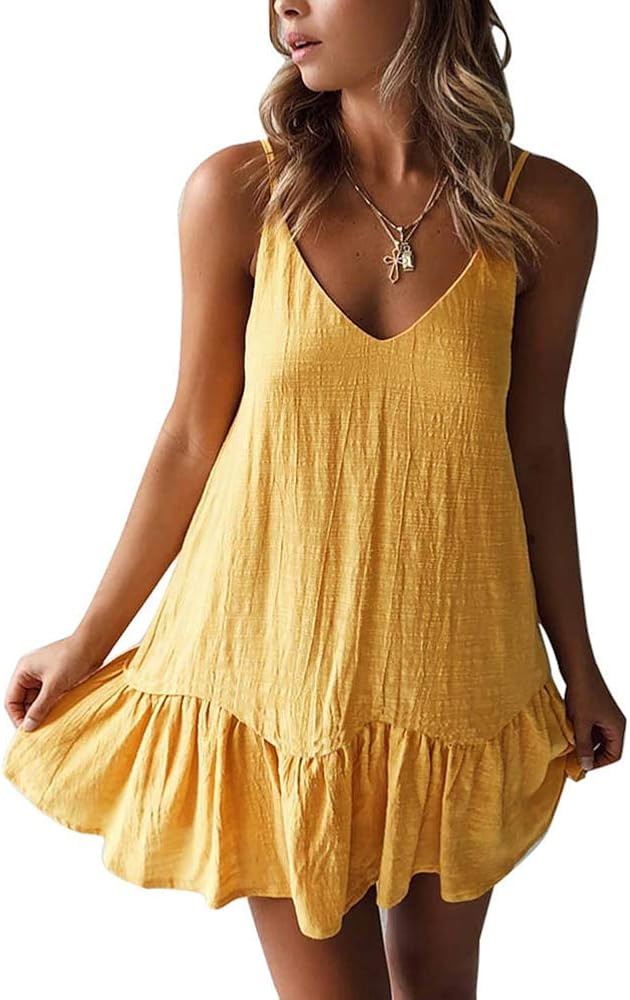 ECHOINE Womens Casual Summer Beach Dress - Boho Floral Print Swing Spagehetti Strap Cami Mini Short  | Amazon (US)