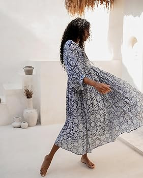 Casual Summer Dresses for Women Swing Floral Half Open Collar Boho Puff Sleeve Loose Midi Beach D... | Amazon (US)