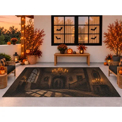 5' x 7' Outdoor Area Rug, Haunted Gothic Mansion Interior Halloween Pattern, Waterproof PVC Coil Loop Carpet, Heavy Duty Quick Dry Mat for Porch Deck | Wayfair North America