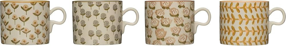 Creative Co-Op 12 oz. Stoneware (Set of 4 Hand-Stamped Patterns) Mugs, Brown | Amazon (US)