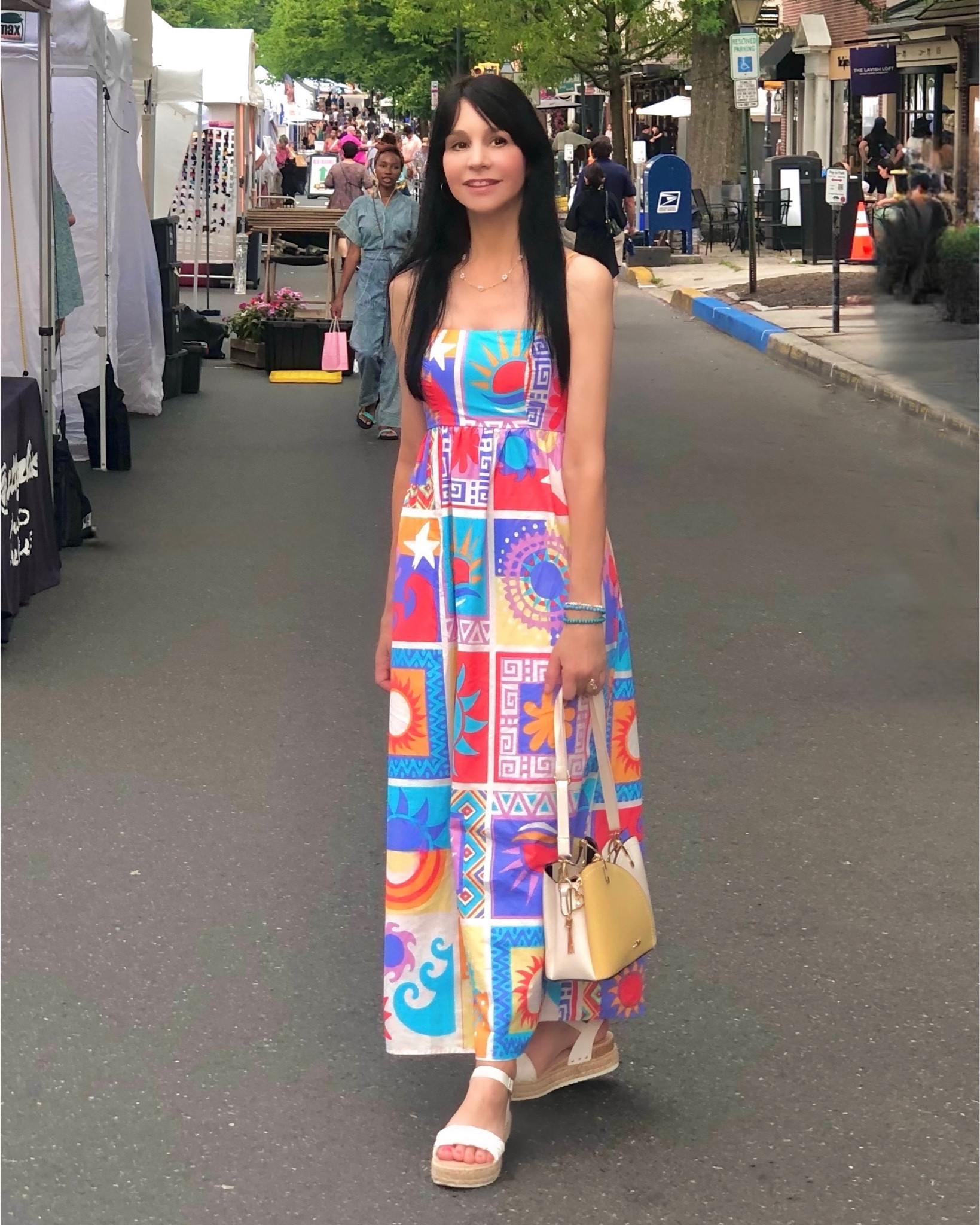 I love going to different town art festivals every summer! Unfortunately, this past Sunday we had to rush through one that we always look forward to because a storm rolled in. 

I did get to wear one of my favorite new dresses, a maxi narrow-top-bodice colorful Boho style that is being featured everywhere this summer. I just love the summery, vibrant colors and mixed prints! It went perfectly with these white braided-strap wedge platform sandals.

