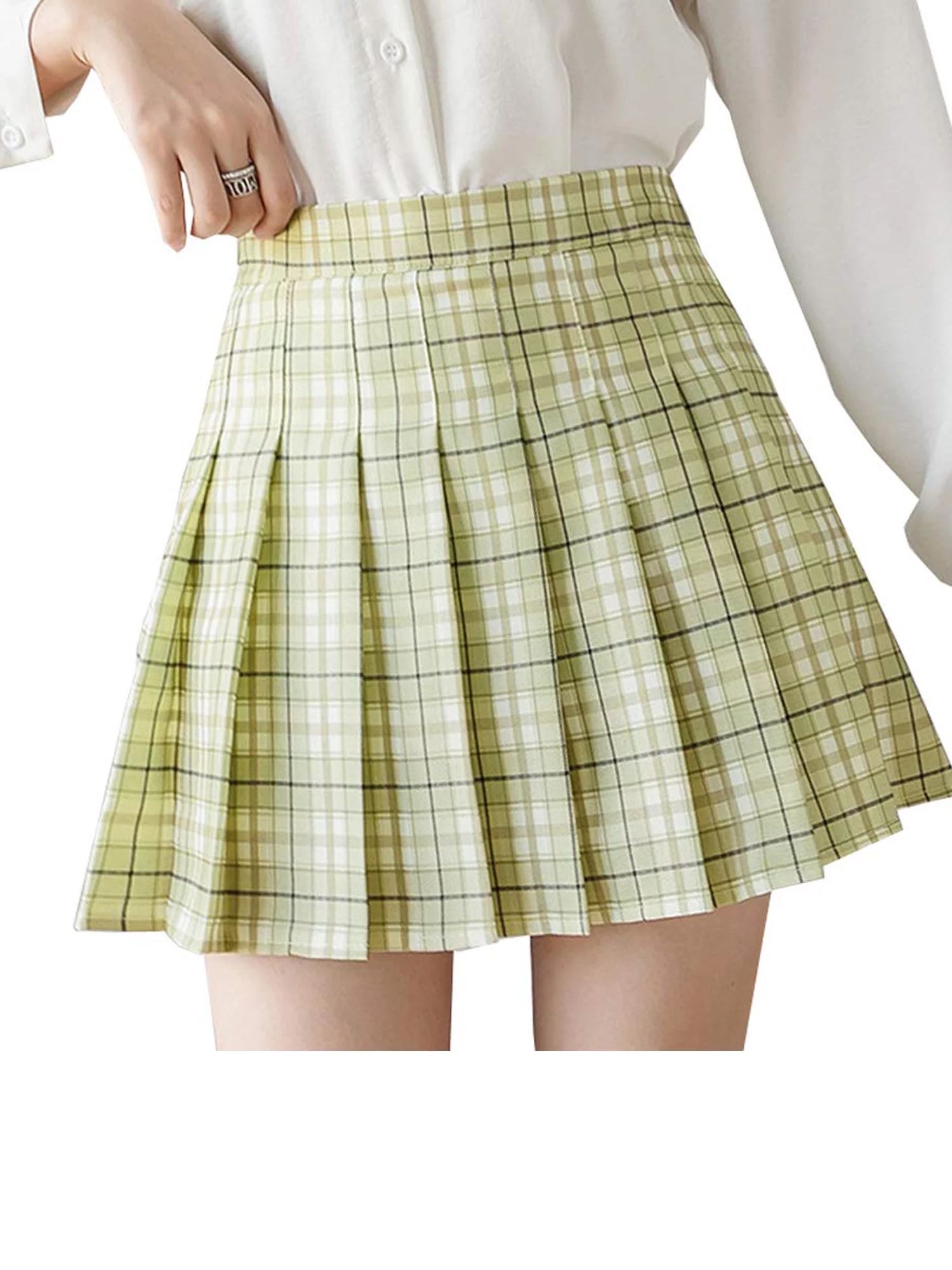 Xingqing Women Pleated Hem Skirt High Waist Solid Color Plaid Pattern Miniskirt | Walmart (US)