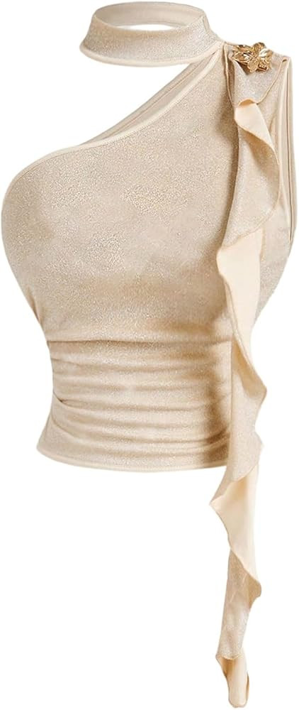 OYOANGLE Women's Glitter One Shoulder Ruched Halter Tops Metal 3D Floral Summer Party Going Out C... | Amazon (US)