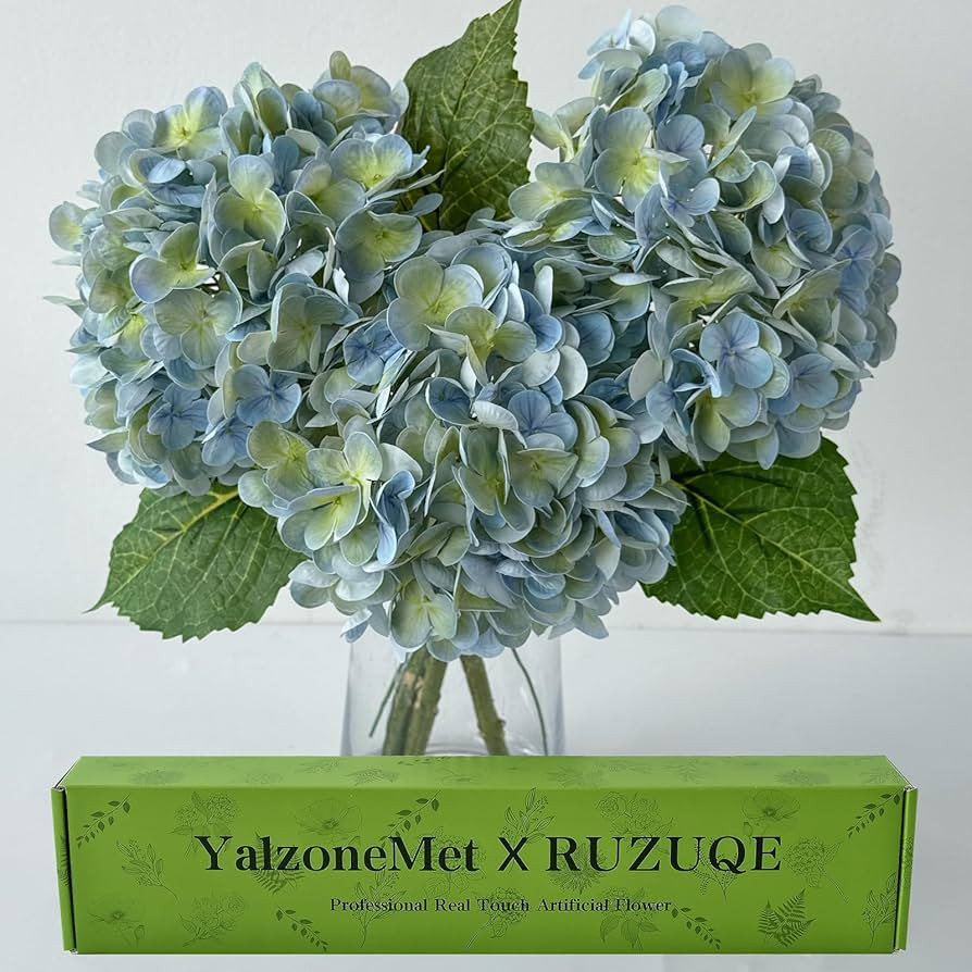 YalzoneMet 3 PCS Light Blue-Green Hydrangea Artificial Flowers 21'' Real Touch Latex Hydrangea Fa... | Amazon (US)