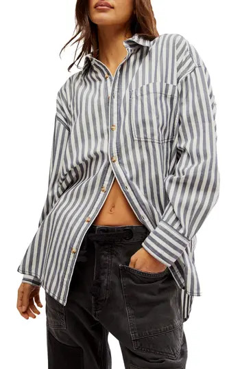 Free People Freddie Stripe Oversize Button-Up Shirt in Nautical Navy Combo at Nordstrom Rack, Size X-Small | Nordstrom Rack