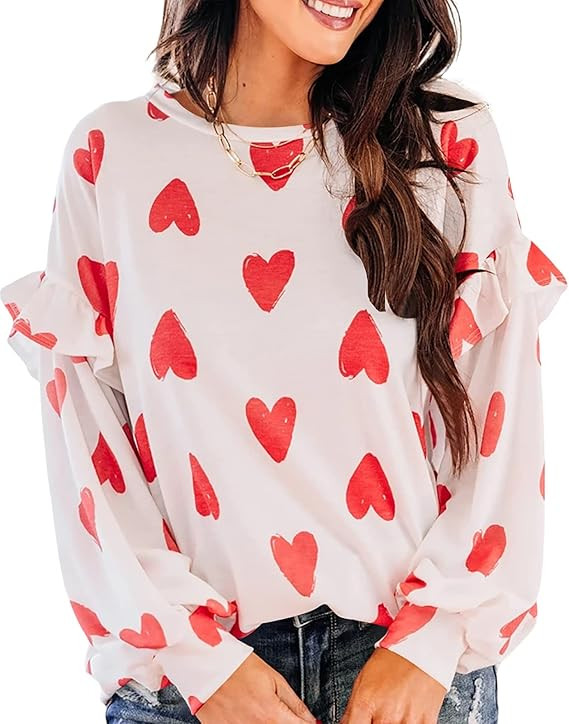Ivay Womens Heart Printed Long Sleeve Tops Tee Shirts | Amazon (US)