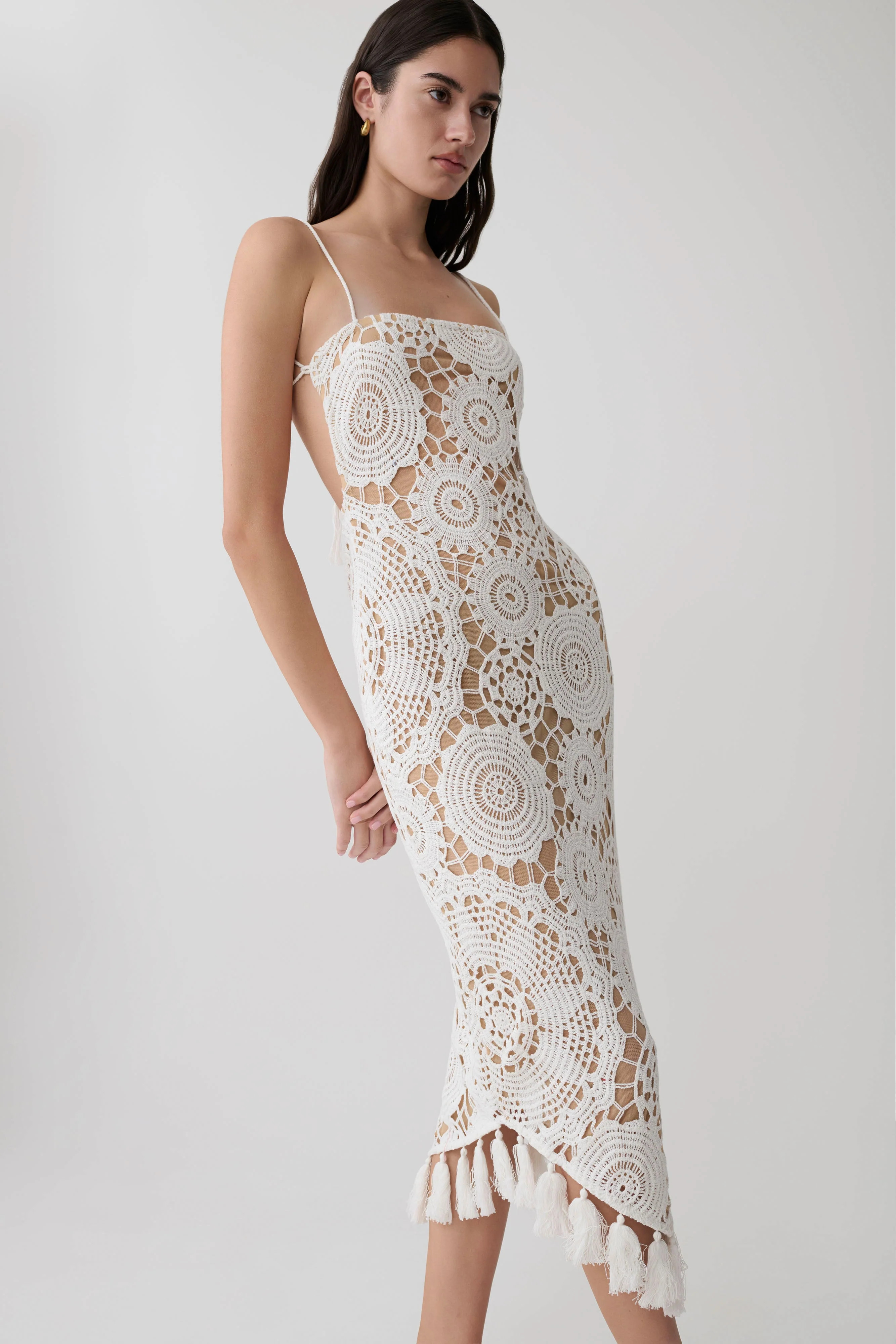 Delta Crochet Halter Midi Dress - White | MESHKI US