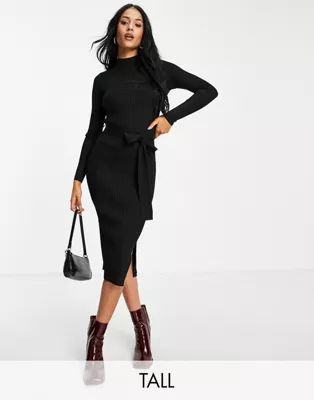 New Look Tall rib tie waist midi dress in black | ASOS (Global)