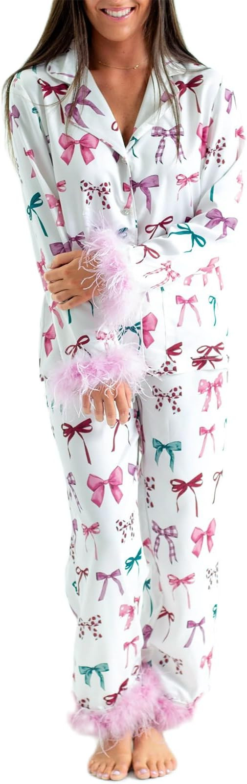 KMBANGI Christmas Pajamas for Women Silk Satin Lounge Sets Feather Trim Long Sleeve Shirt Pants C... | Amazon (US)