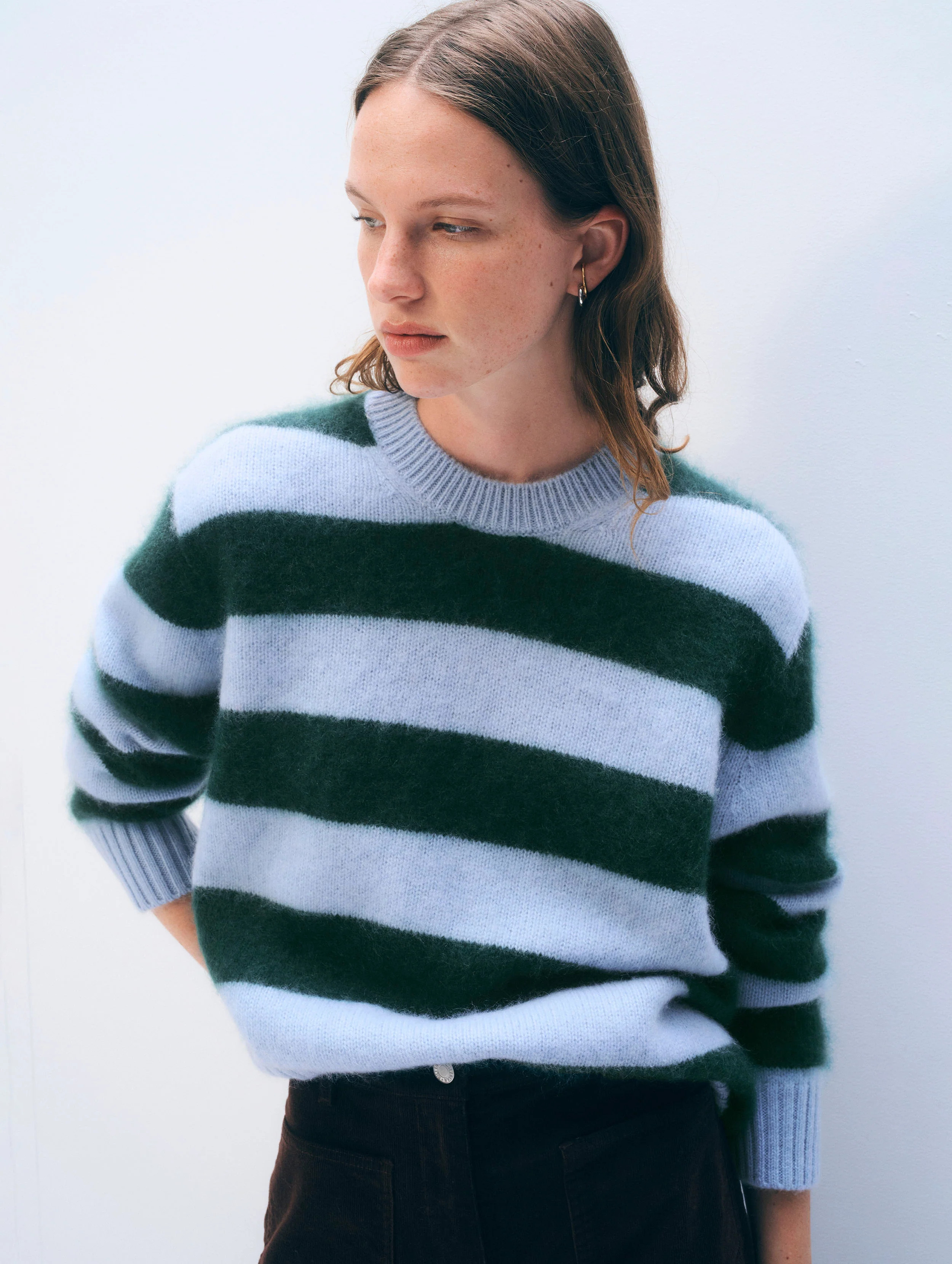 Brushed Cashmere Striped Crewneck | Blue/Tealwood | White and Warren