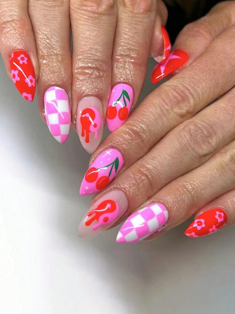 24pcs Summer Fresh Style Almond Shaped False Nails, French And Simple Tai Chi Pattern, Cherry Che... | SHEIN