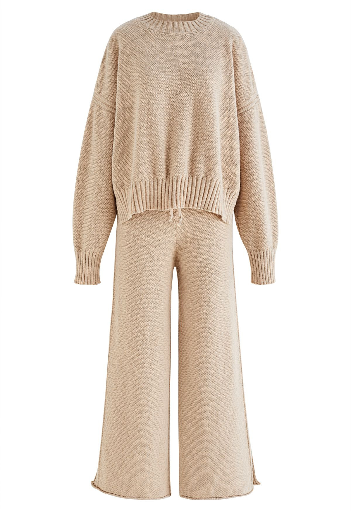 Waffle Knit Hi-Lo Sweater and Wide Leg Pants Set in Camel | Chicwish