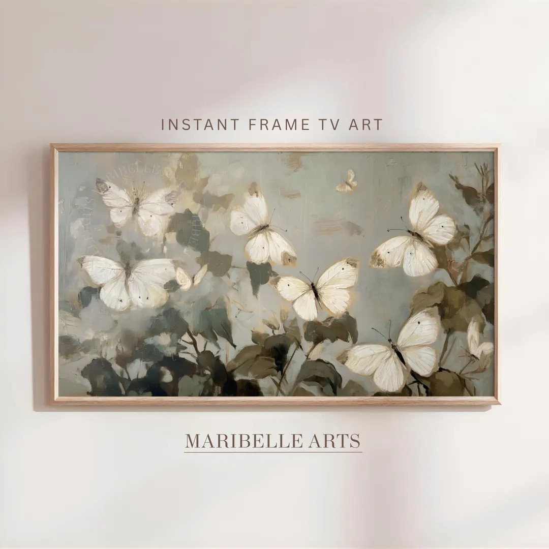 Neutral Butterflies Frame TV Art, Vintage Summer Oil Painting, Rustic Botanical Decor, French Cou... | Etsy (Global)