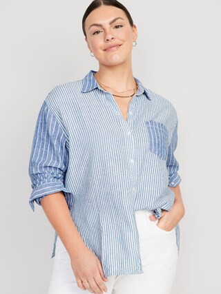 Striped Linen-Blend Boyfriend Shirt for Women | Old Navy (US)