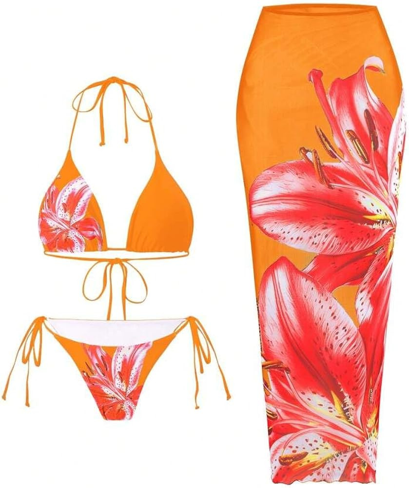 ZAFUL Womens 3pcs Swimsuit Floral Halter Triangle Bikini Top Tie Side Bottom with Long Sheer Cove... | Amazon (US)