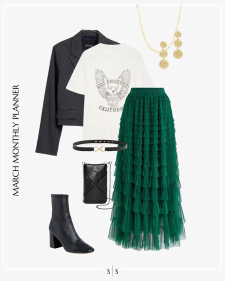 Monthly outfit planner: MARCH: Winter to Spring transitional looks | tulle green skirt, graphic tee, cropped blazer, drop earrings, black belt, ankle boots, cell phone crossbody bag

St. Patrick’s day outfit 

See the entire calendar on thesarahstories.com ✨ 


#LTKstyletip