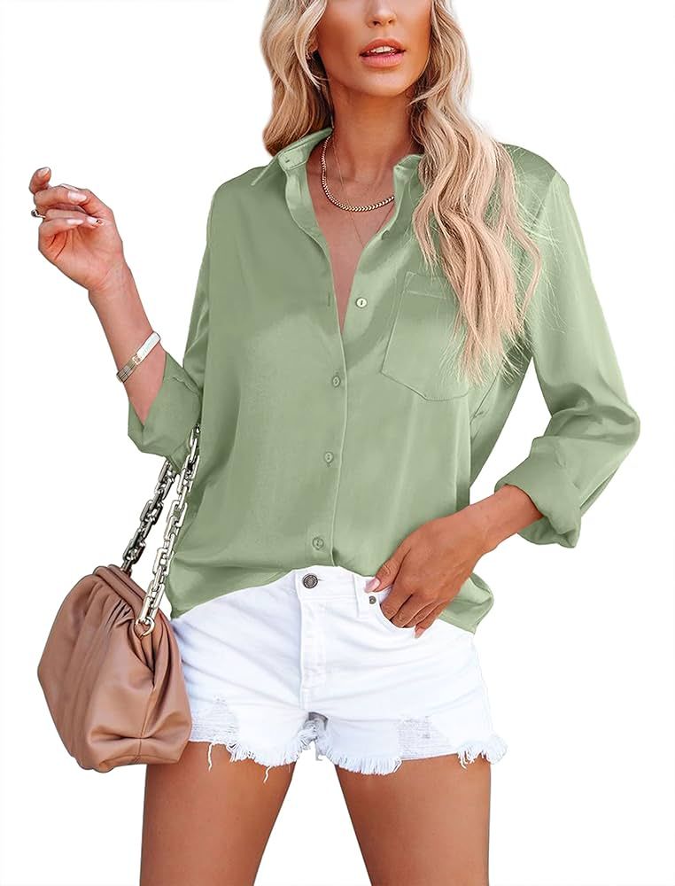 OMSJ Women's Button Down Shirts Satin V Neck Long Sleeve Casual Work Blouse Tops with Pocket | Amazon (US)