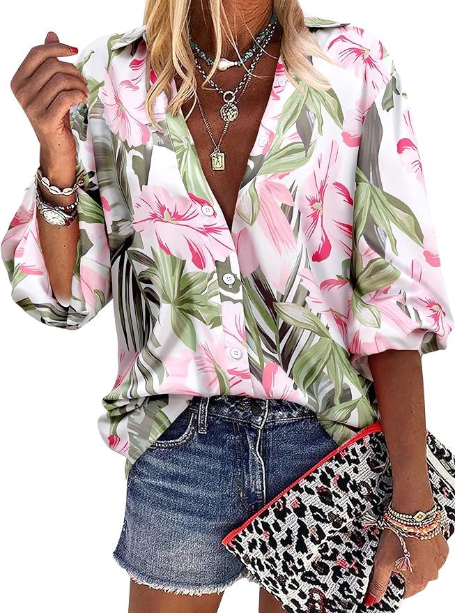 ZXZY Women Soft Dressy Floral Printed Button Down Tropical Hawaiian Shirt Blouse Tops | Amazon (US)