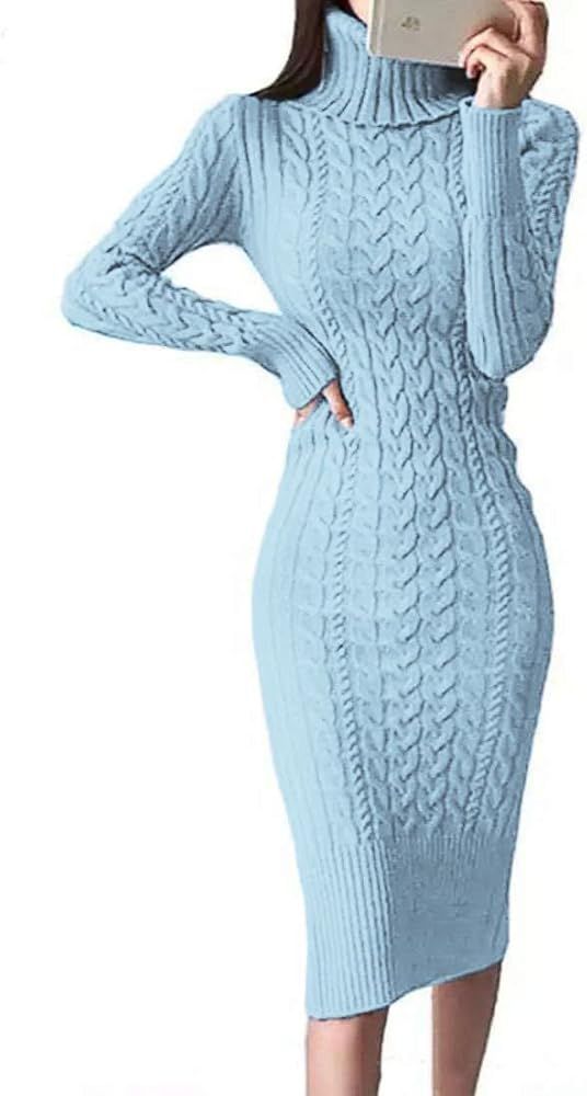 Fangetey Womens Long Sleeve Turtleneck Sweater Dresses Knitted Bodycon Midi Sheath Jumper Dresses | Amazon (US)