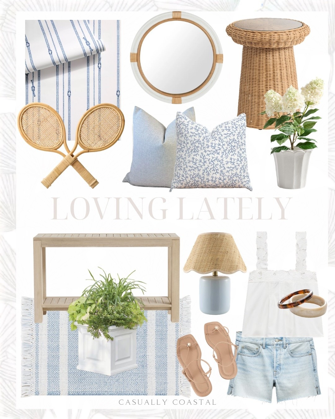 Loving Lately

Coastal style, coastal home, coastal rug coastal mirror, coastal lamp, striped rug, coastal pillows, wicker tennis racquets, coastal wallpaper, skipper stripe wallpaper, faux potted white cone hydrangea, fluted tulip cachepots, round woven side table, coastal side table, coastal square planter, outdoor console table, rectangular console table, wayfair rug, blue and white rug, lace trim tank top, white tank top, mid rise a-line denim short, denim shorts, jean shorts, tortoiseshell bangles, straps flat sandals, wayfair lamp, rattan round wall mirror, Etsy pillow covers, light blue coral reef throw pillow cover, linen pillow cover

#LTKHome