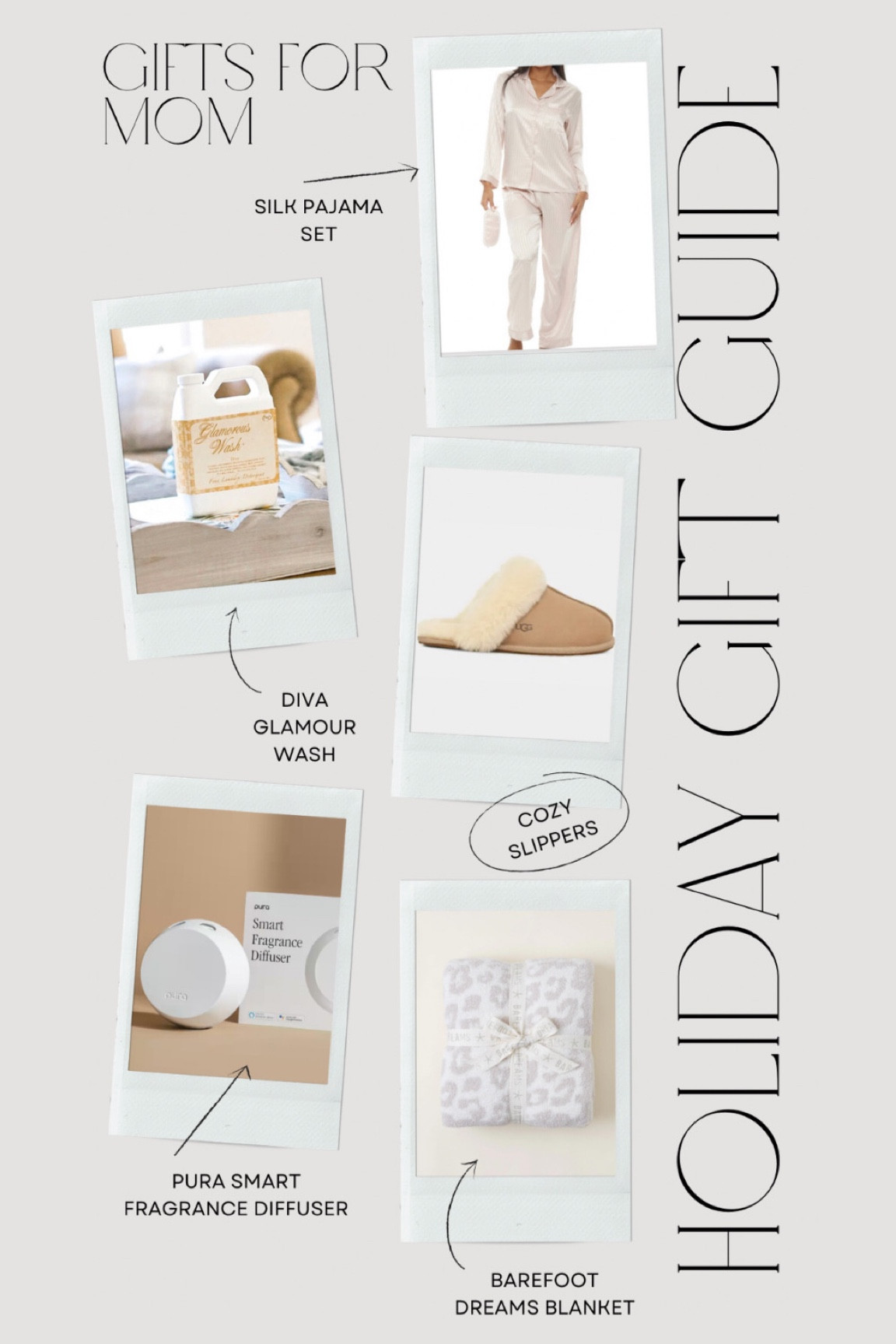 Gift guide for Mom or MIL! Silk pajamas, Glamour wash, ugg slippers, pura smart fragrance diffuser, barefoot dreams blanket, neutrals 

#LTKSeasonal #LTKHoliday #LTKGiftGuide