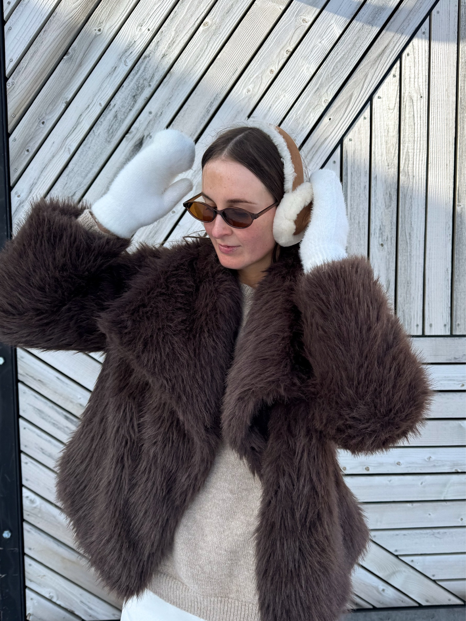 Snow day 🤍

Wearing brown faux fur coat, neutral knit top, white wide leg sweat pants, white mittens & chestnut earmuffs - the perfect winter or autumn outfit 🥰

#LTKaustralia #LTKwinter #LTKstyletip