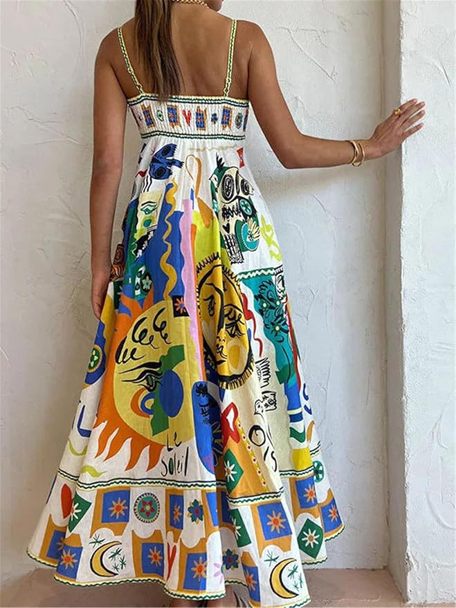 Yuemengxuan Women Boho Beach Flowy Dress Y2k Spaghetti Strap Sleeveless Smocked A-line Swing Maxi... | Amazon (US)