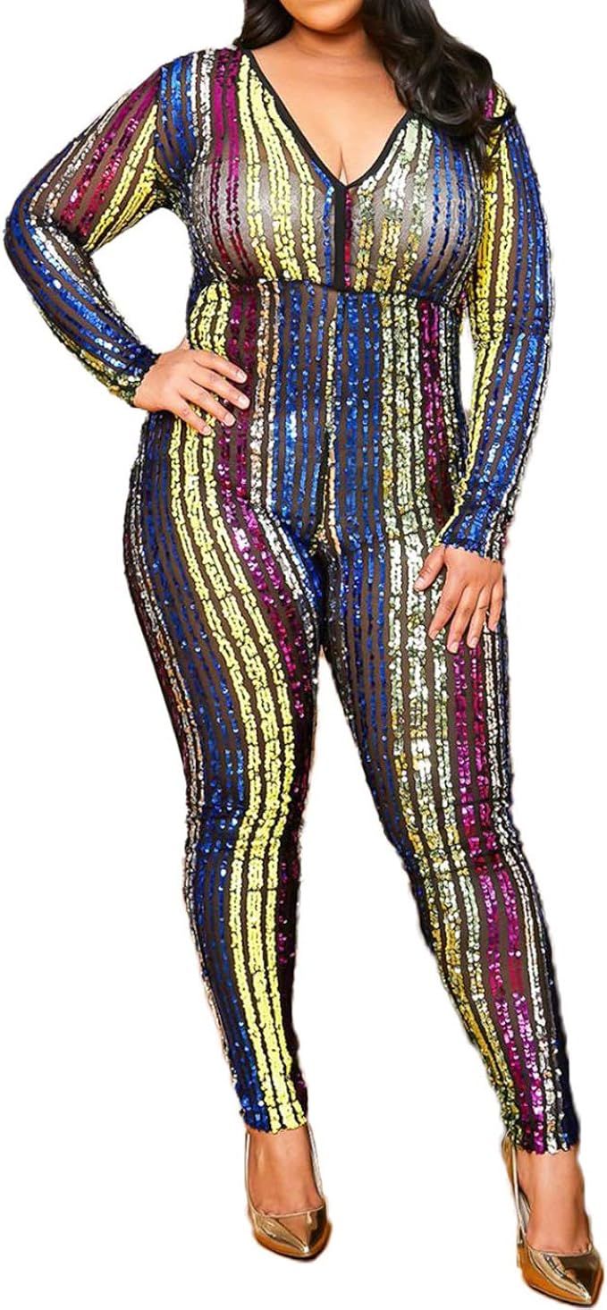Womens Sexy Plus Size Club Jumpsuits Sequins Long Sleeve V Neck Rainbow Striped Bodycon Long Romp... | Amazon (US)